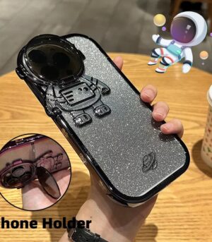 Glitter Astronaut Camera Stand Phone Case For I14 13 12 11 Pro Max XR 14 Plus Invisible Lens Bracket Plating Soft Cover